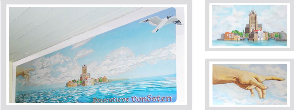 muurschildering, Dordrecht, vogels, lucht, water, michelangelo, Dordrecht, 2004, voorstraat, groot, panorama, Q, 2006, 2007